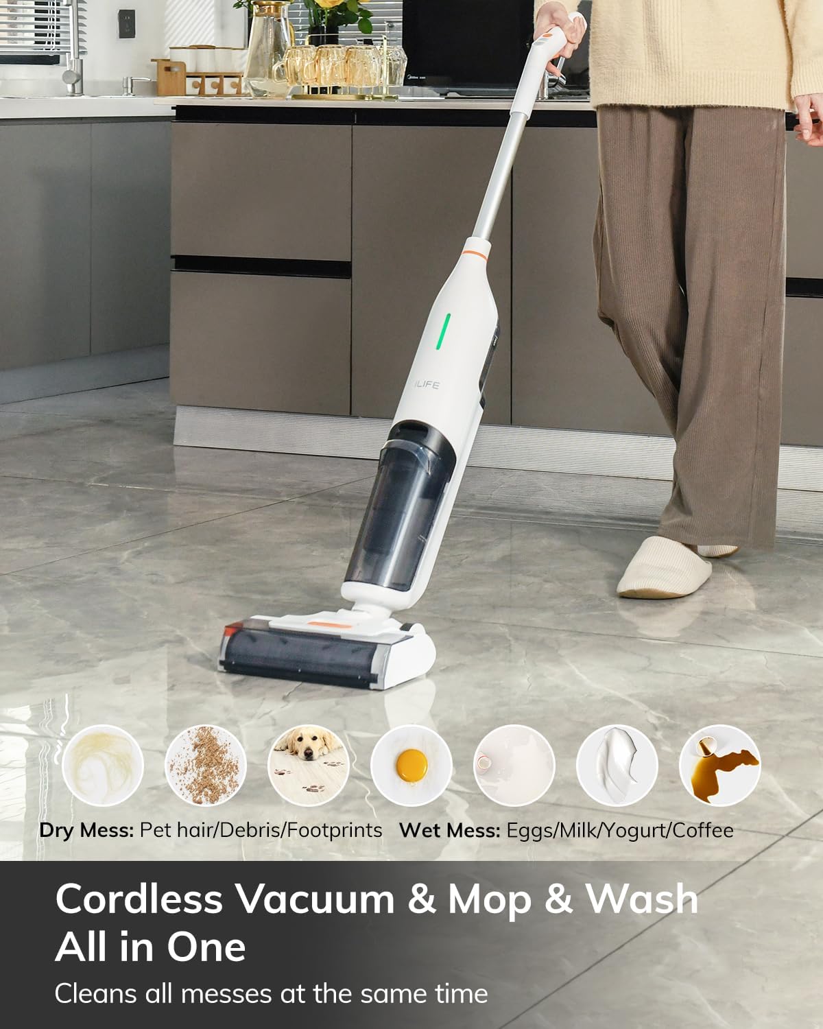 ILIFE W90 Cordless Wireless Wet Dry Smart Mop Washing , 5500Pa Suction, 1 Min Self Cleaning, Large Dual Water Tank