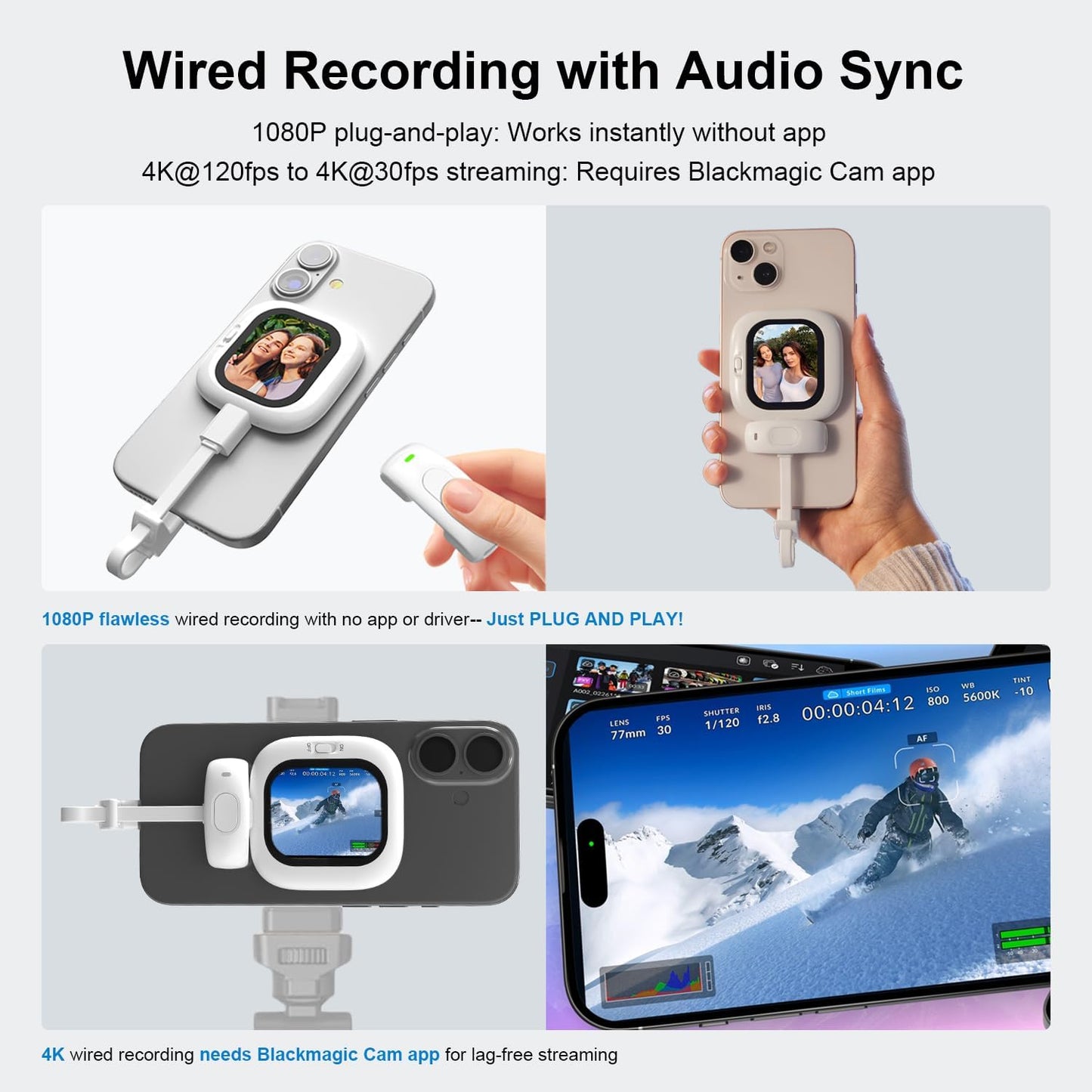 Vlogmate Mini Vlog Selfie Monitor Screen for iPhone, Wired Back Camera Monitor with Magnetic AMOLED Screen, Bluetooth Remote, Dual Cable Include for iPhone