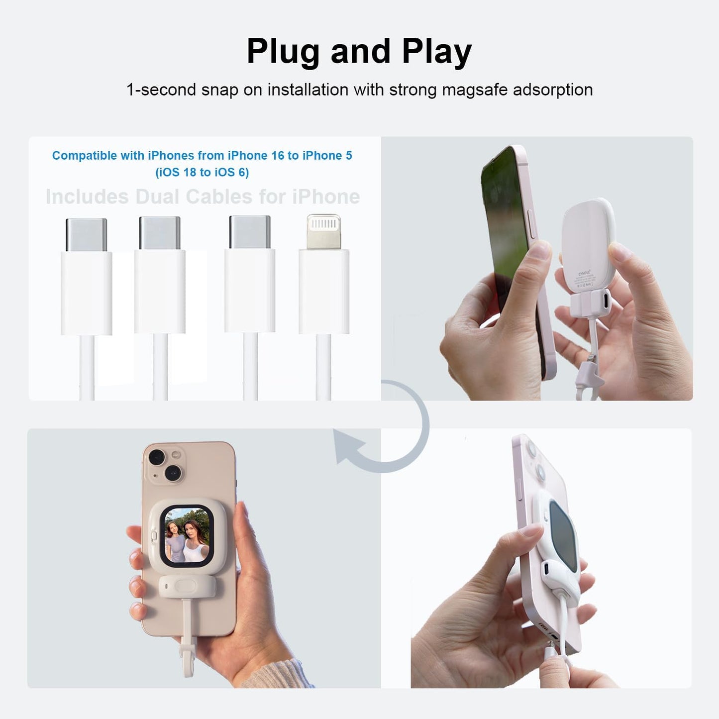 Vlogmate Mini Vlog Selfie Monitor Screen for iPhone, Wired Back Camera Monitor with Magnetic AMOLED Screen, Bluetooth Remote, Dual Cable Include for iPhone