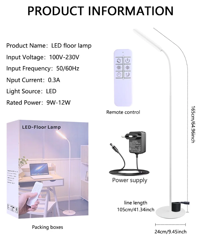 LED Floor Lamp For Living Room Adjustable Gooseneck Stand Light Remote Dimmable Indoor Bedroom Standing Reading Work Light