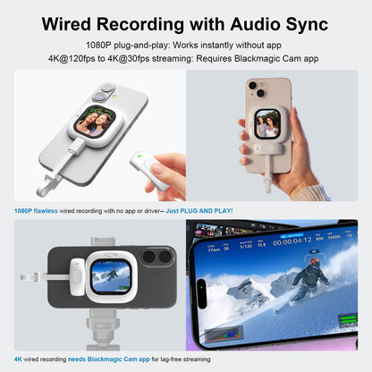 Vlogmate Mini Vlog Selfie Monitor Screen for iPhone, Wired Back Camera Monitor with Magnetic AMOLED Screen, Bluetooth Remote, Dual Cable Include for iPhone