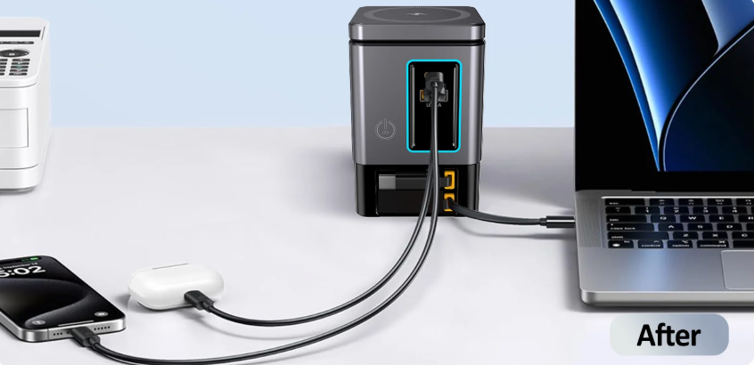 105W Charging Station With Retractable USB-C Cable Power Combo USB C Power Strip for Multiple Devices Wireless Charging 15W