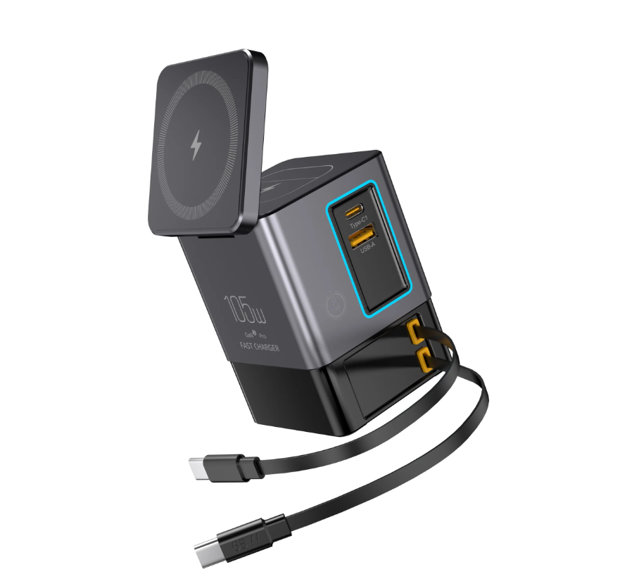 105W Charging Station With Retractable USB-C Cable Power Combo USB C Power Strip for Multiple Devices Wireless Charging 15W