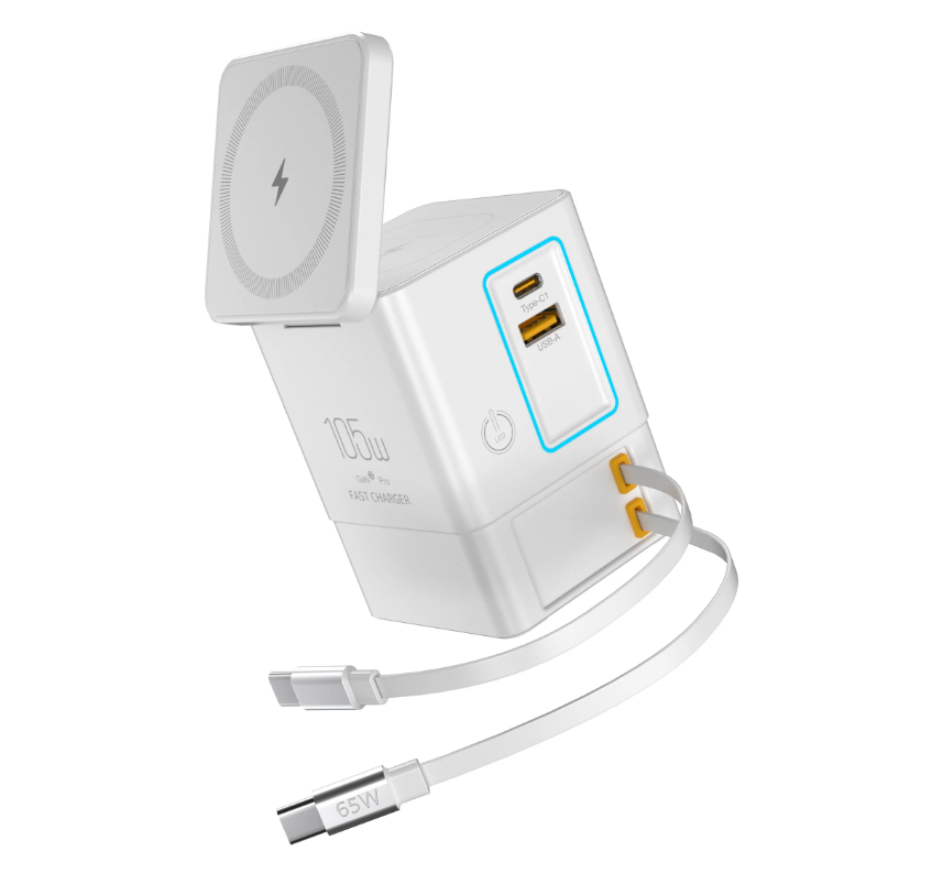 105W Charging Station With Retractable USB-C Cable Power Combo USB C Power Strip for Multiple Devices Wireless Charging 15W