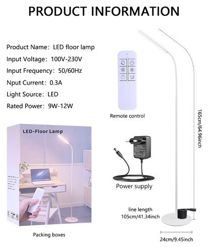 LED Floor Lamp For Living Room Adjustable Gooseneck Stand Light Remote Dimmable Indoor Bedroom Standing Reading Work Light