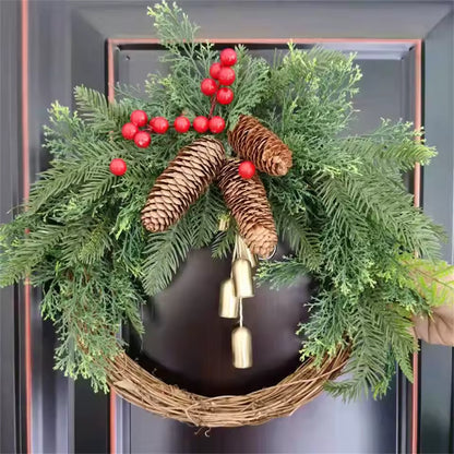 Rustic Christmas Wreath Artificial Golden Bell Wreath Xmas Tree Hanging Garland Handmade Pinecones Wreath Holiday Decor