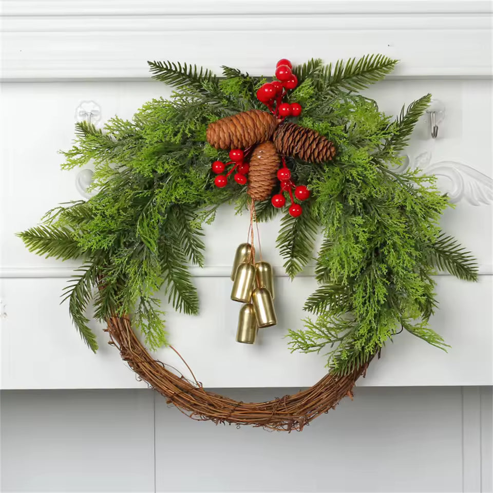 Rustic Christmas Wreath Artificial Golden Bell Wreath Xmas Tree Hanging Garland Handmade Pinecones Wreath Holiday Decor
