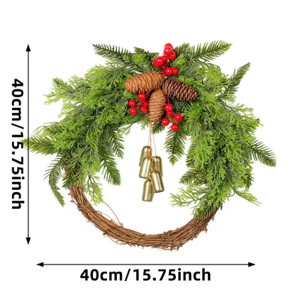 Rustic Christmas Wreath Artificial Golden Bell Wreath Xmas Tree Hanging Garland Handmade Pinecones Wreath Holiday Decor